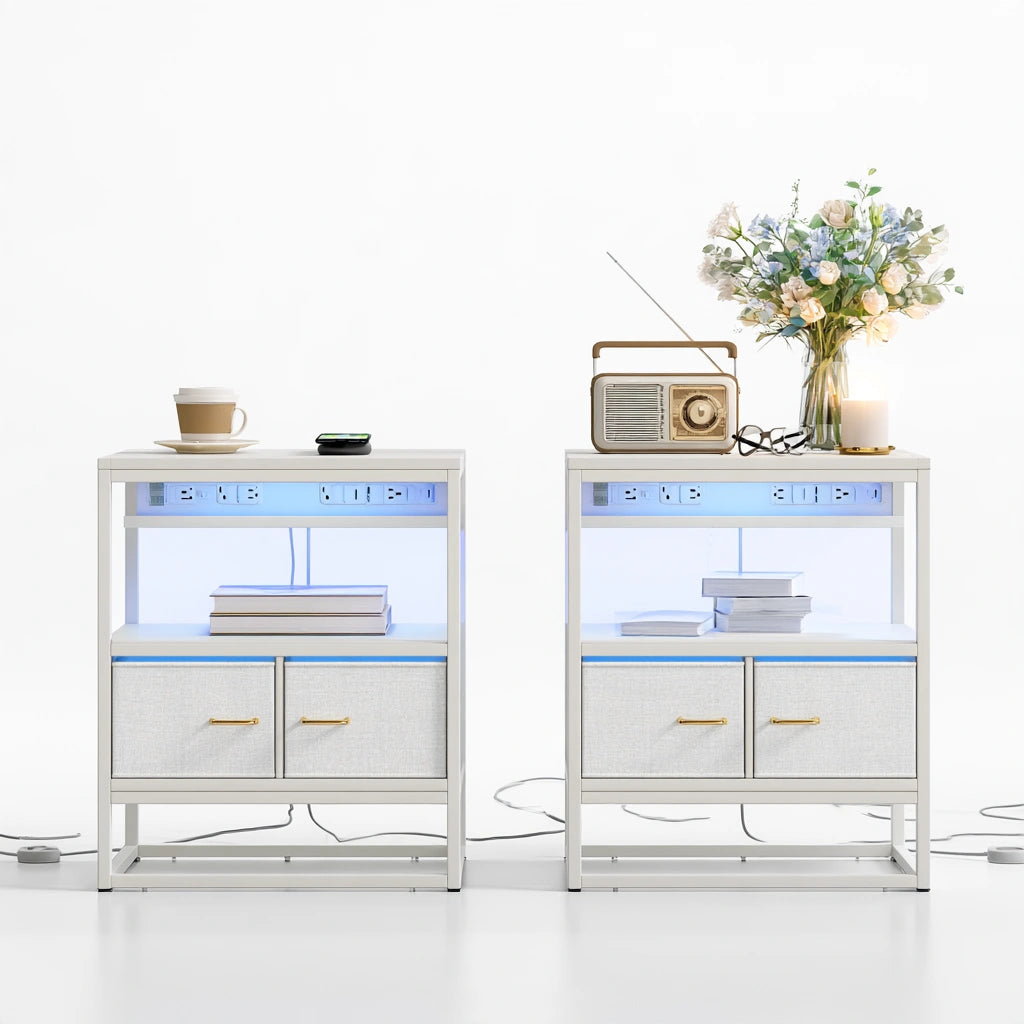 Pair of white Decodavenport nightstands with integrated charging stations, modern bedroom furniture for convenient bedside storage.