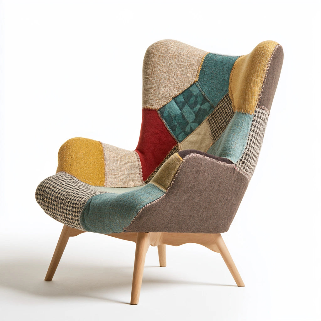 Gray accent armchair by Decodavenport, patchwork design, three-quarter view, suitable for living room decor in home and garden.