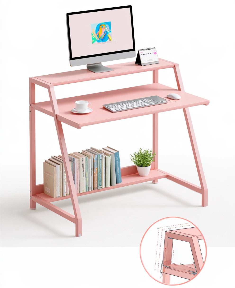 Pink decodavenport computer desk for home office, modern design, shown on a white background with a spacious surface.