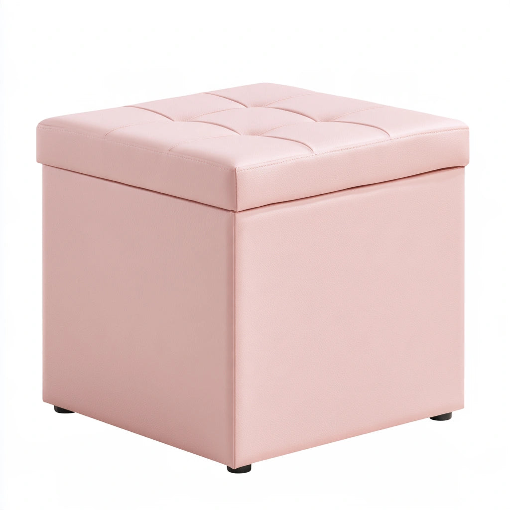 Decodavenport pink upholstered storage bench with a three-quarter view, cozy and functional furniture for living room decor.