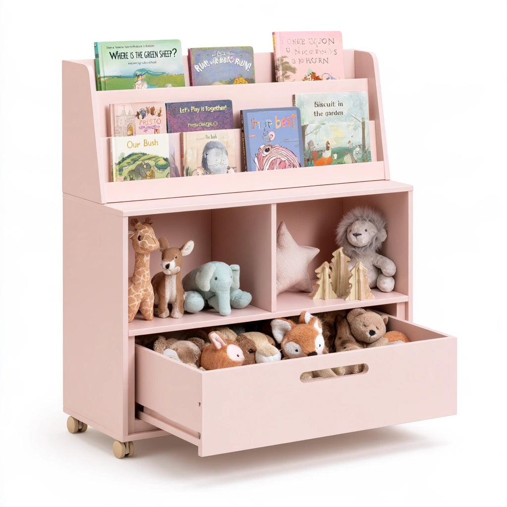 Pink wooden children's bookshelf and toy storage cabinet with integrated shelves, ideal for kids' rooms, by Decodavenport.