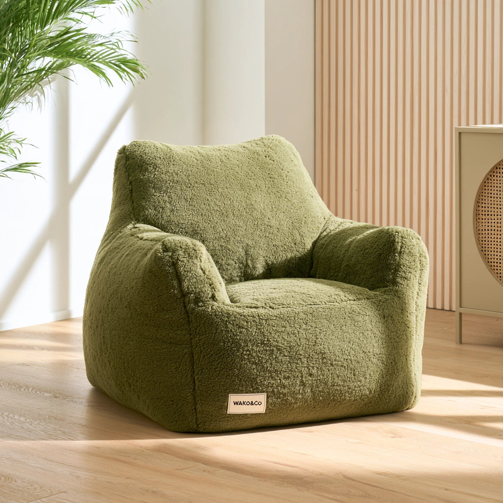 Olive green round bean bag chair by Decodavenport, plush fabric, cozy textured faux material, ideal for living room or home decor.