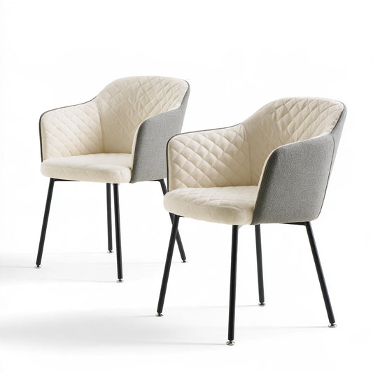 Pair of gray Decodavenport accent armchairs with modern design, shown from a three-quarter angle in a contemporary living room setting.