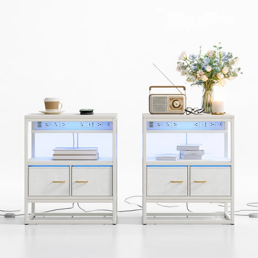 Pair of white Decodavenport nightstands with integrated charging stations, modern bedroom furniture for convenient bedside storage.