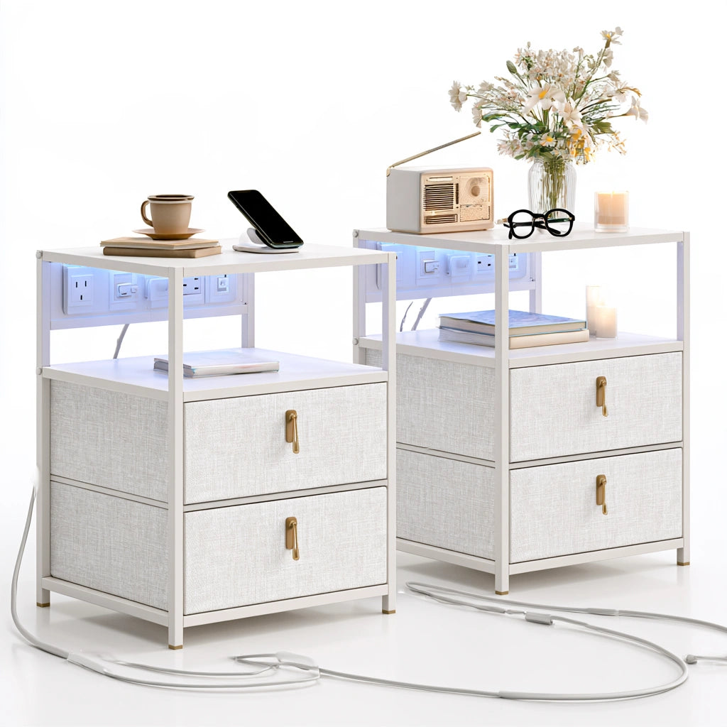 Pair of white Decodavenport nightstands with integrated charging stations, modern bedroom furniture for convenient device charging.