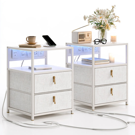 Pair of white Decodavenport nightstands with integrated charging stations, modern bedroom furniture for convenient device charging.