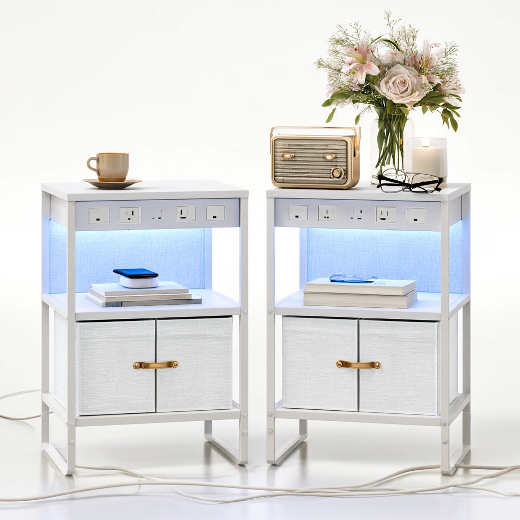 Pair of white Decodavenport nightstands with integrated charging stations, modern bedroom furniture for convenient bedside storage.