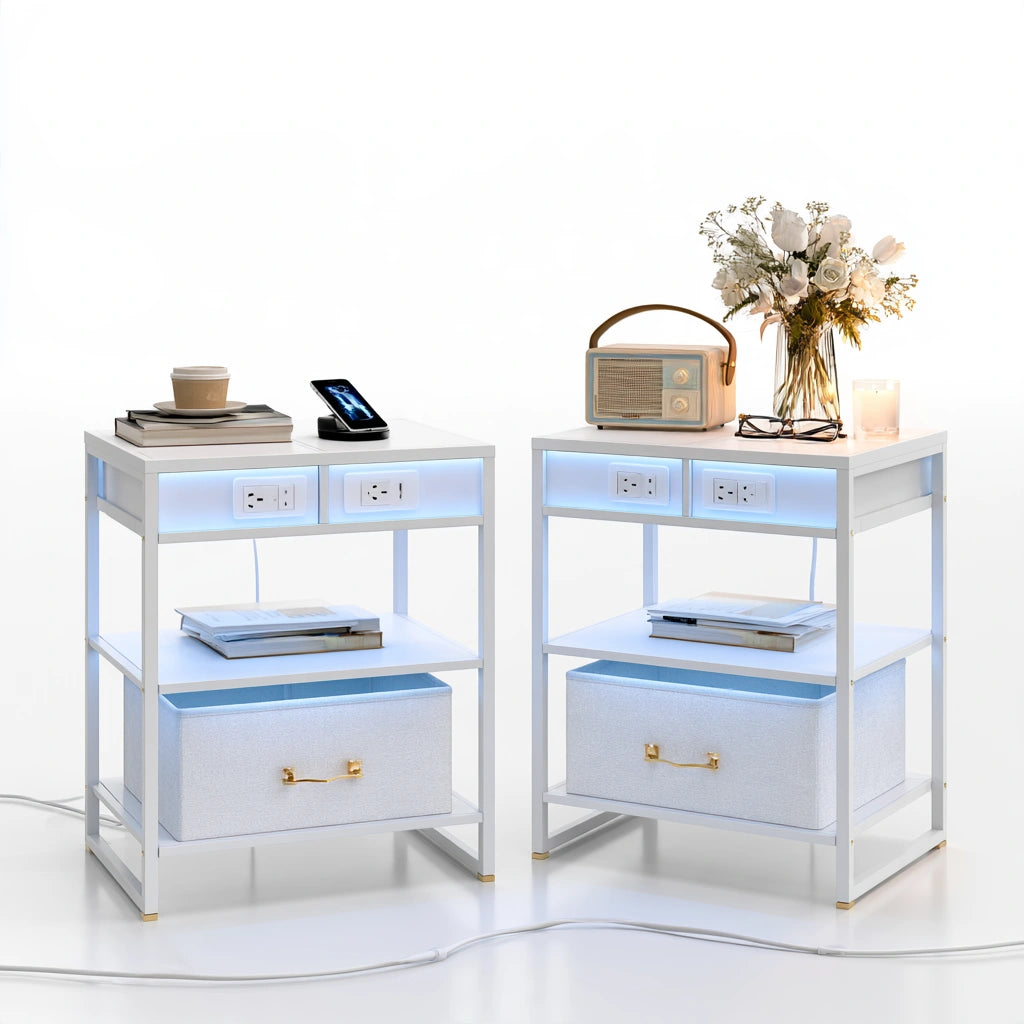 Pair of white Decodavenport nightstands with integrated charging stations for bedroom or home decor.
