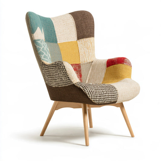 Gray accent armchair with patchwork design from Decodavenport, shown from a three-quarter angle in a living room setting.