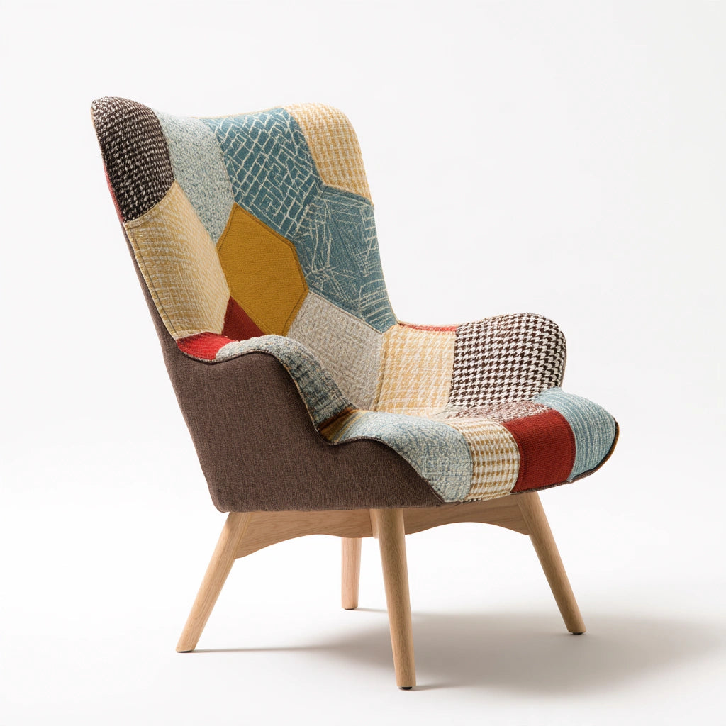 Gray accent armchair by decodavenport, three-quarter view, featuring a patchwork design, perfect for living room decor.