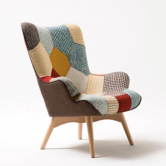 Gray accent armchair by decodavenport, three-quarter view, featuring a patchwork design, perfect for living room decor.