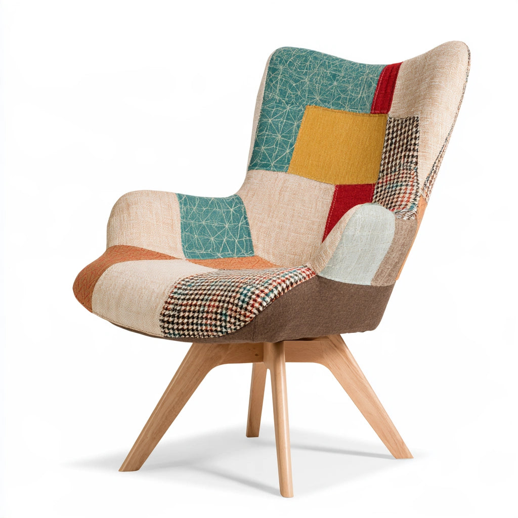 Gray accent armchair with patchwork design from Decodavenport, shown from a three-quarter angle in a living room setting.