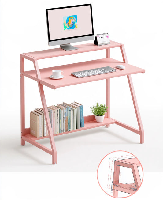 Pink decodavenport computer desk for home office, modern design, shown on a white background with a spacious surface.