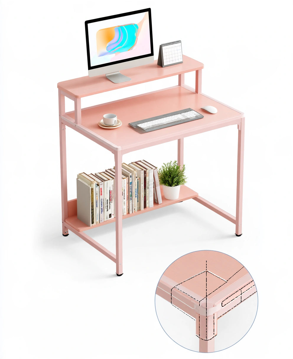Pink Decodavenport computer desk for home office, modern design with a flat workspace, displayed on a white background.