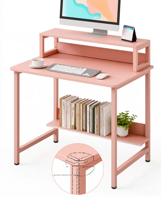 Pink Decodavenport computer desk for home office, modern design with a spacious surface, displayed on a white background.