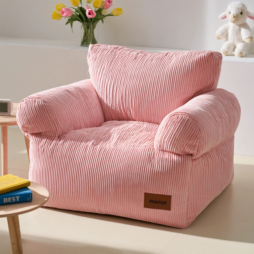 Pink ribbed corduroy round bean bag chair from decodavenport, soft and plush for living room or home decor.