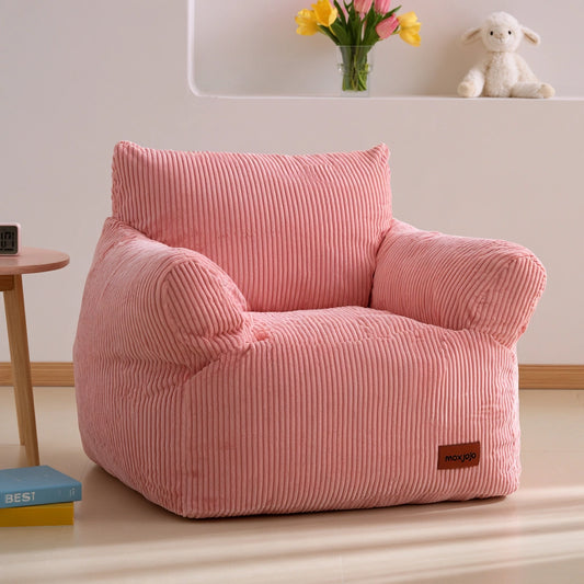 Pink ribbed corduroy round bean bag puf from Decodavenport, soft fabric, plush, cozy furniture for living room.