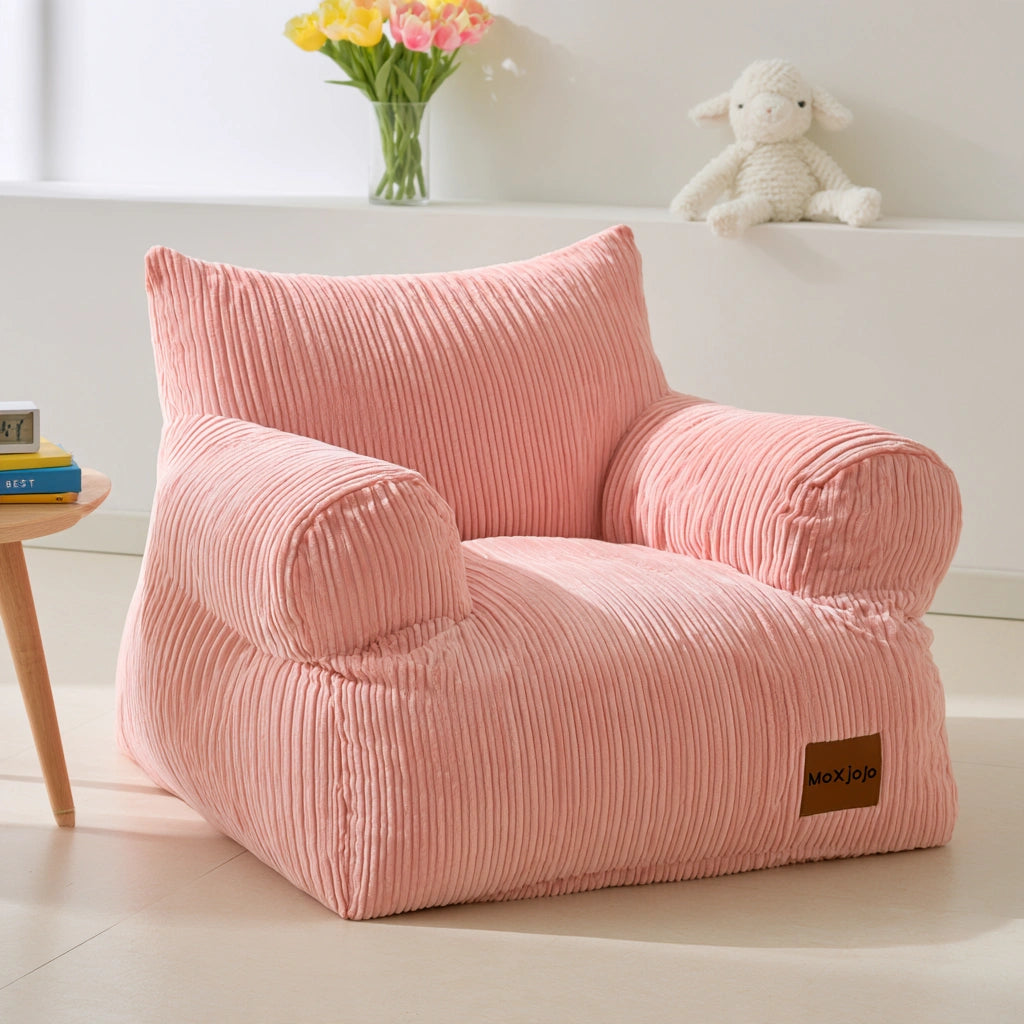 Pink ribbed corduroy round pouf or bean bag from Decodavenport, suitable for living room furniture and casual seating.