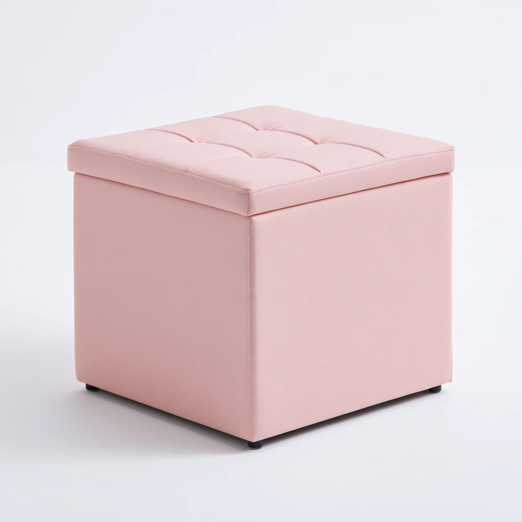 Pink upholstered storage ottoman, Decodavenport lounge bench with a three-quarter view, ideal for living room decor and extra seating.
