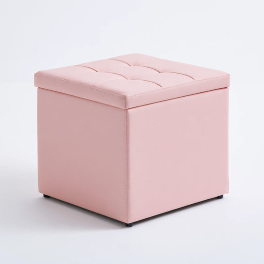 Pink upholstered storage ottoman, Decodavenport lounge bench with a three-quarter view, ideal for living room decor and extra seating.