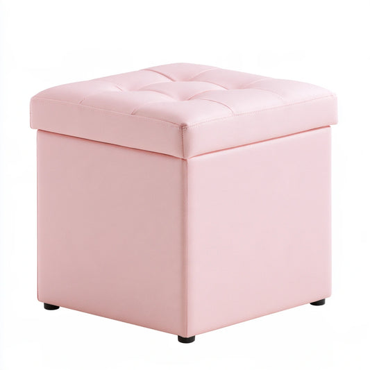 Pink upholstered storage bench from Decodavenport, three-quarter view, ideal for living room seating and extra storage.