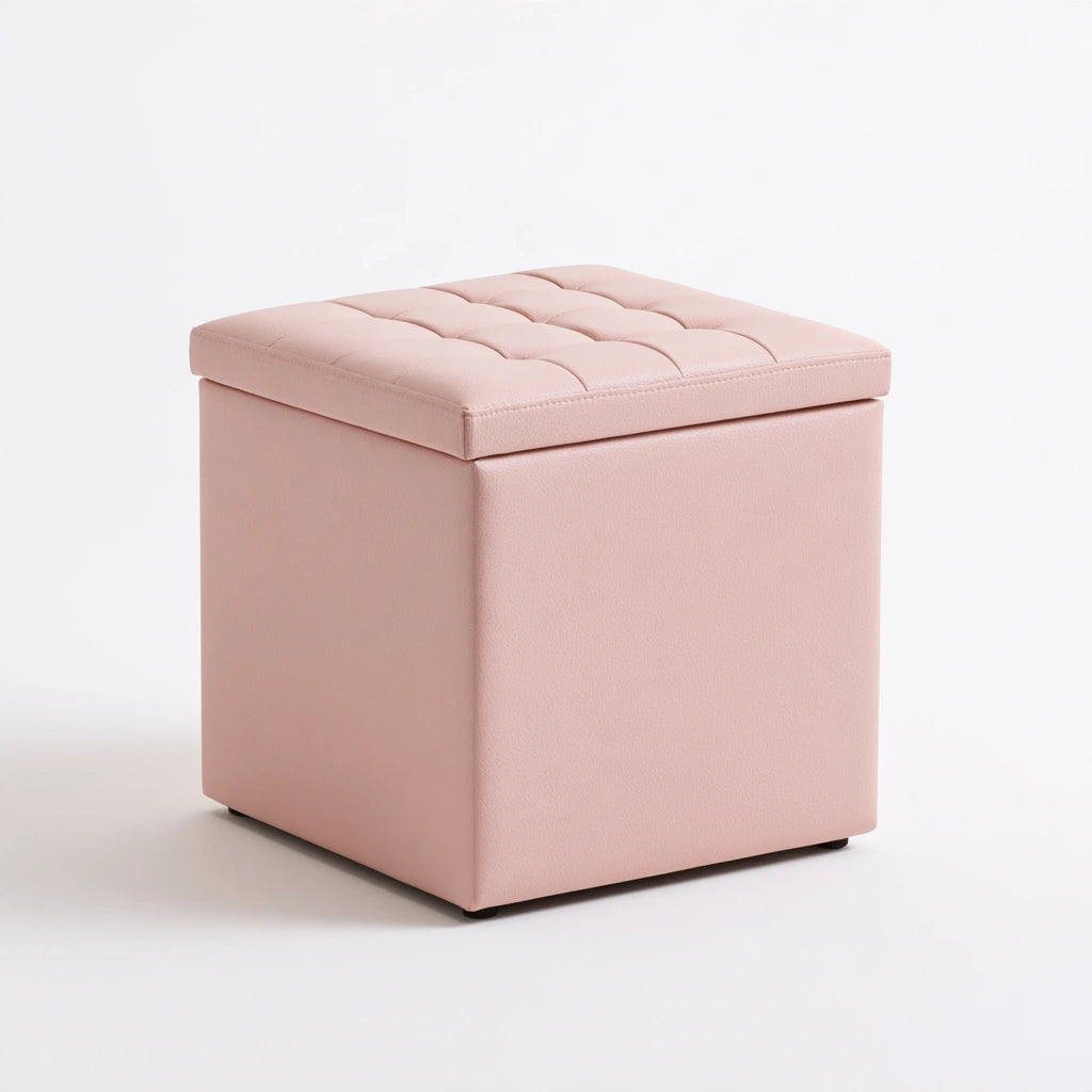 Decodavenport pink upholstered storage ottoman bench with a three-quarter view, ideal for living room decor and extra seating.