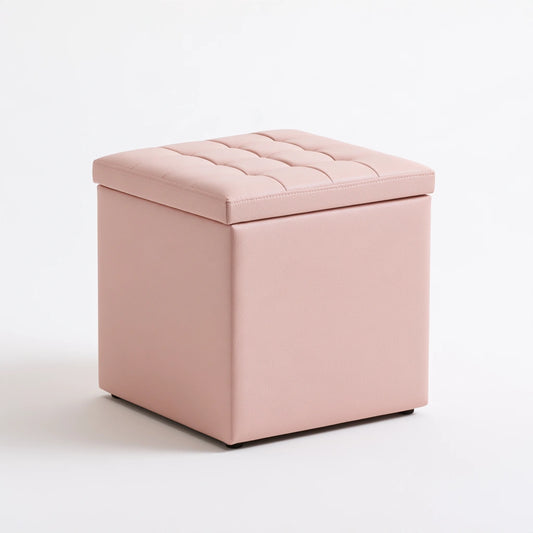 Decodavenport pink upholstered storage ottoman bench with a three-quarter view, ideal for living room decor and extra seating.