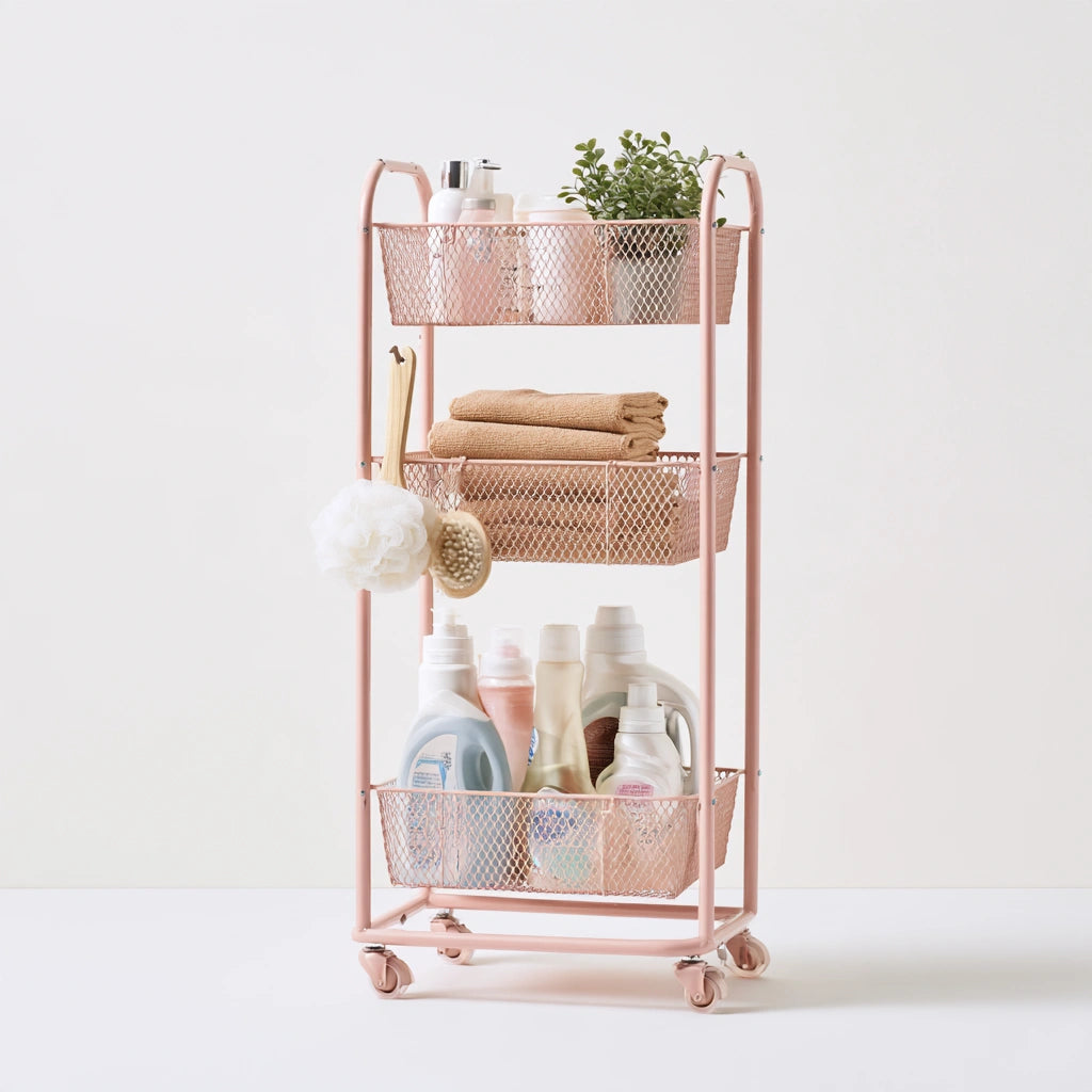 Pink mobile rolling cart with three shelves and casters, ideal for home and garden storage from Decodavenport.