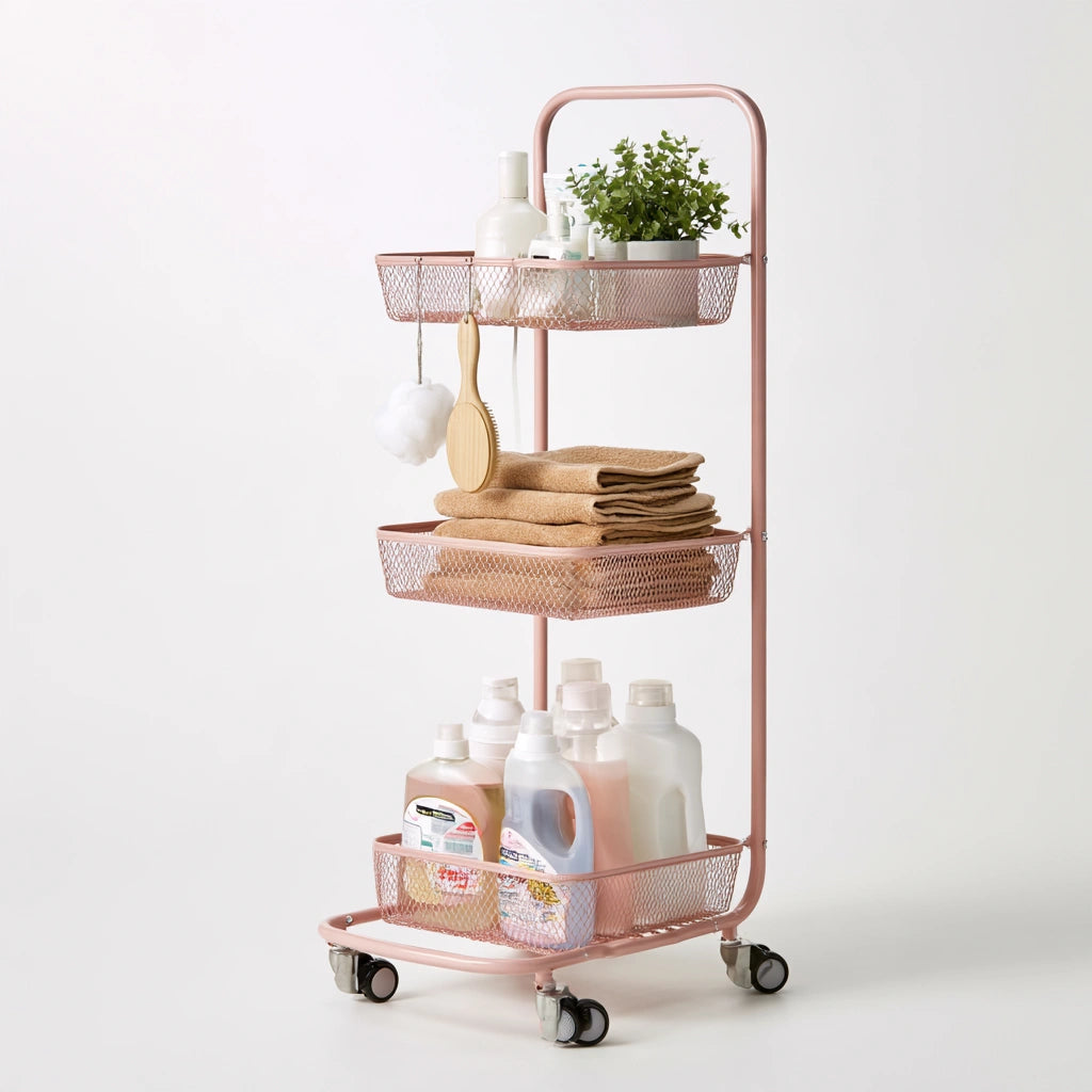 Pink mobile storage cart with three shelves and caster wheels, ideal for home and garden organization, by Decodavenport.
