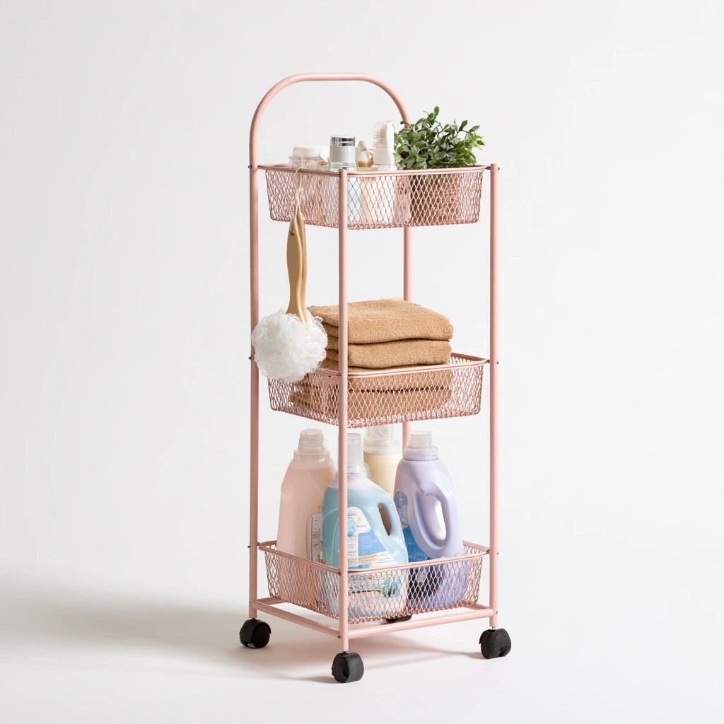 Pink mobile rolling cart with three shelves and wheels, ideal for home or garden storage from Decodavenport.