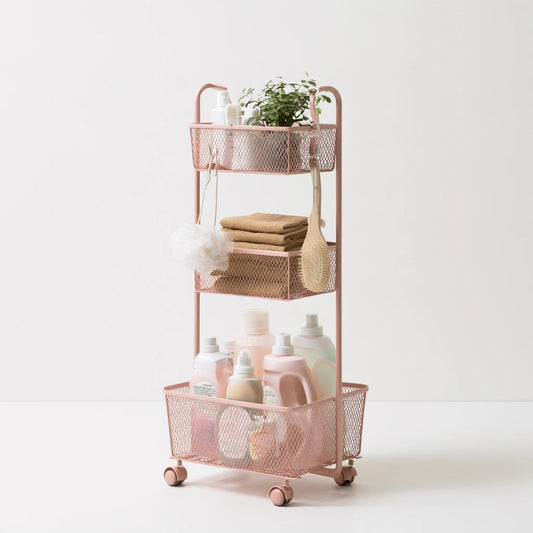 Pink mobile rolling cart with three shelves and caster wheels, ideal for home and garden storage by Decodavenport.