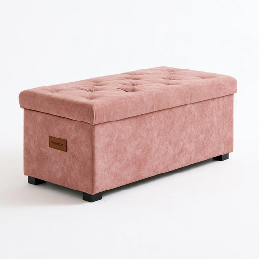 Pink velvet storage bench with tufted top, black feet, ideal for living room, from Decodavenport, stylish and functional home furniture.