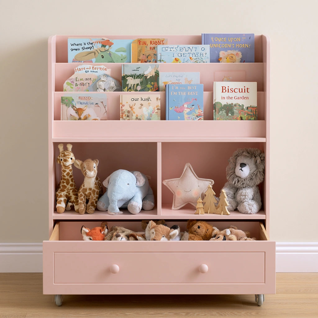 Pink wooden children's storage cabinet with integrated bookshelves for toys and books, ideal for kids' rooms.