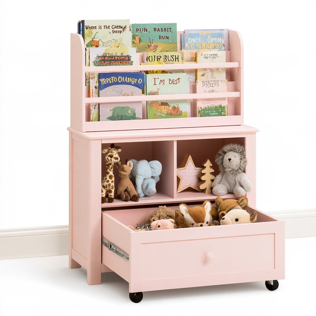 Pink wooden children's storage cabinet with integrated bookshelves for toys and books, from decodavenport.