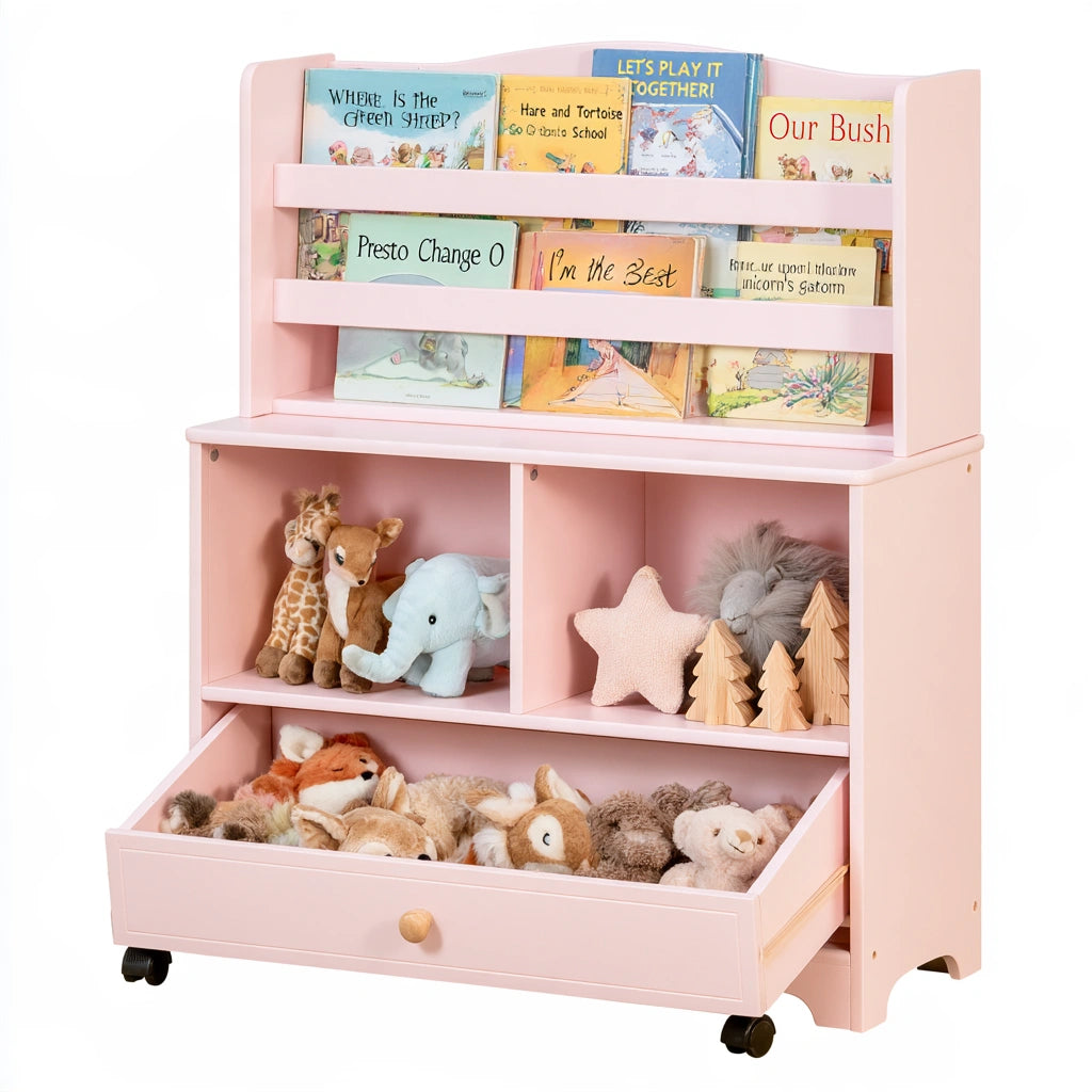 Pink wooden children's storage cabinet with shelves for books and toys, ideal for a child's room or play area.