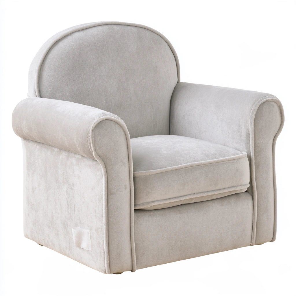 Decodavenport plush light gray velvet accent armchair with white armrests, ideal for living room decor.