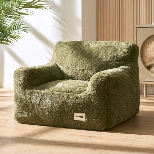 Olive green round bean bag chair by Decodavenport, plush textured faux fabric, cozy and stylish for living room furniture.