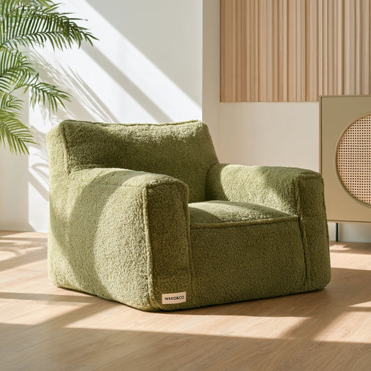 Olive green round bean bag chair by Decodavenport, plush faux textured fabric, cozy and stylish for living room furniture.