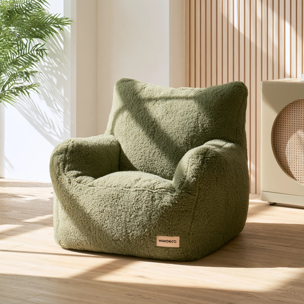 Olive green round bean bag chair by Decodavenport, plush fabric, cozy textured faux material for living room or home decor.
