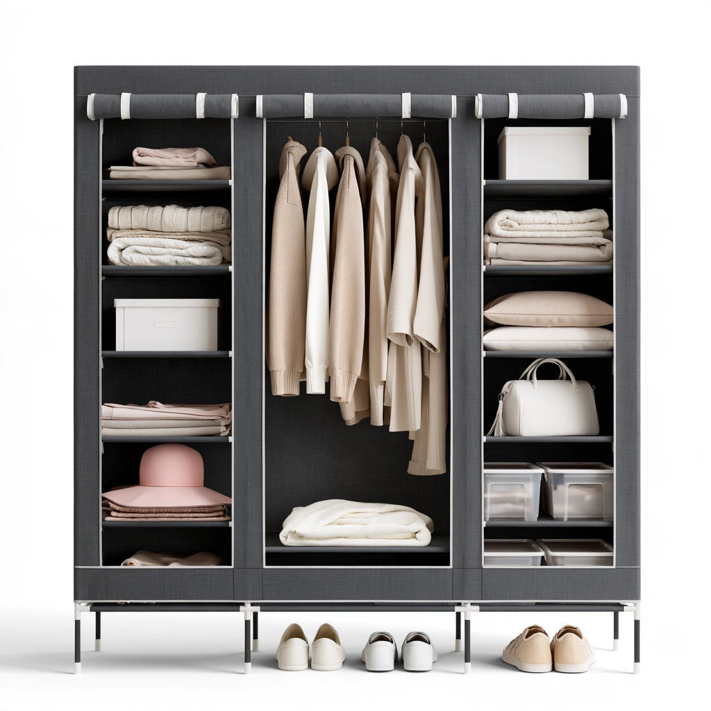 Dark grey fabric wardrobe from decodavenport, portable storage cabinet with organized interior, ideal for bedroom or home storage.