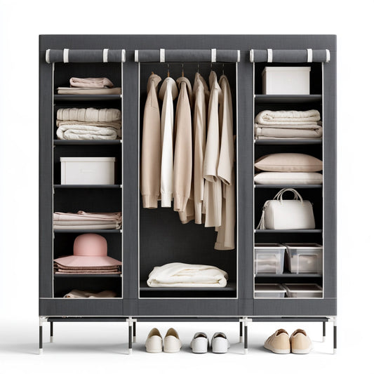 Dark grey fabric wardrobe from decodavenport, portable storage cabinet with organized interior, ideal for bedroom or home storage.