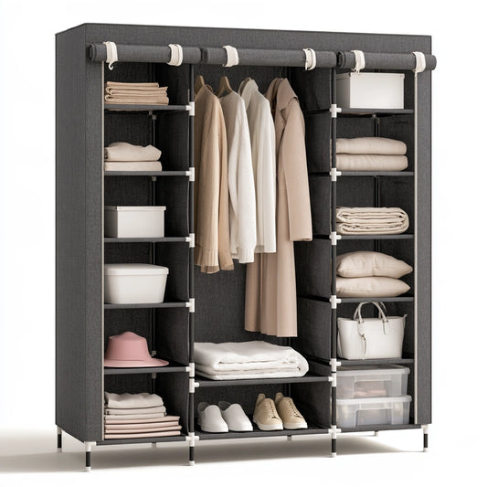 Dark grey fabric-covered storage wardrobe by Decodavenport, ideal for bedroom organization, in a home and garden setting.